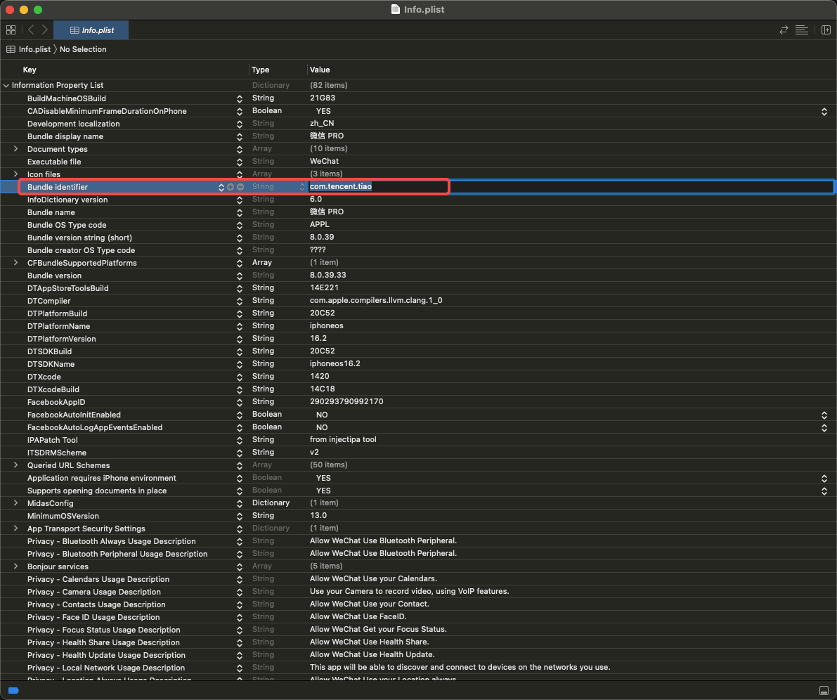 Modifying WeChat bundleIdentifier